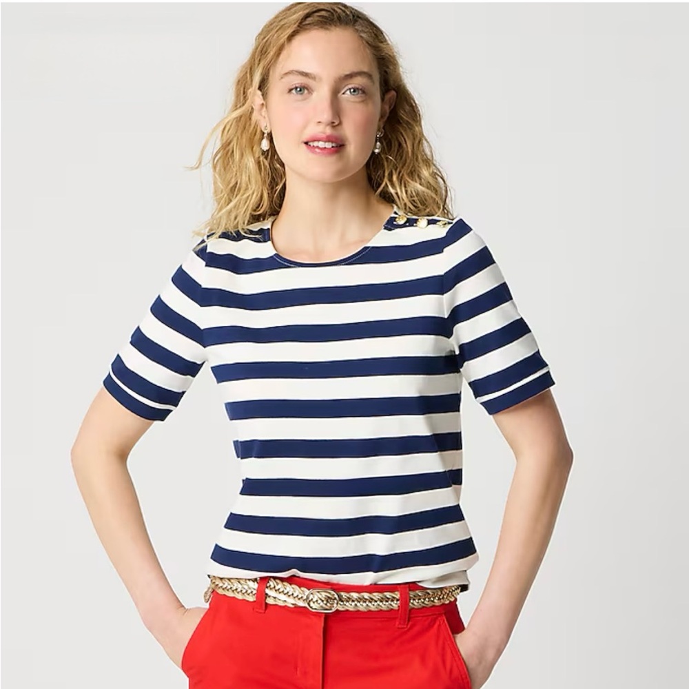 Women’s Short-Sleeve Nautical Striped Button Shoulder Top
